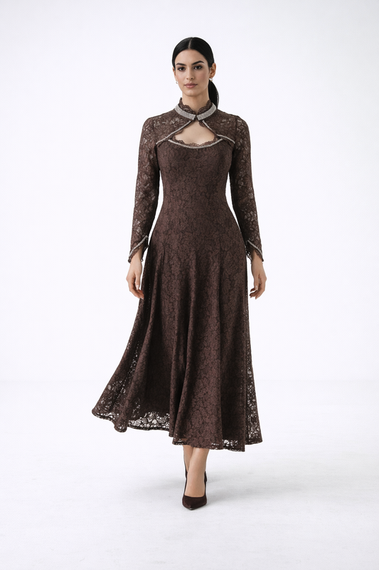 Embellished Lace Maxi Dress with Structured Bodice