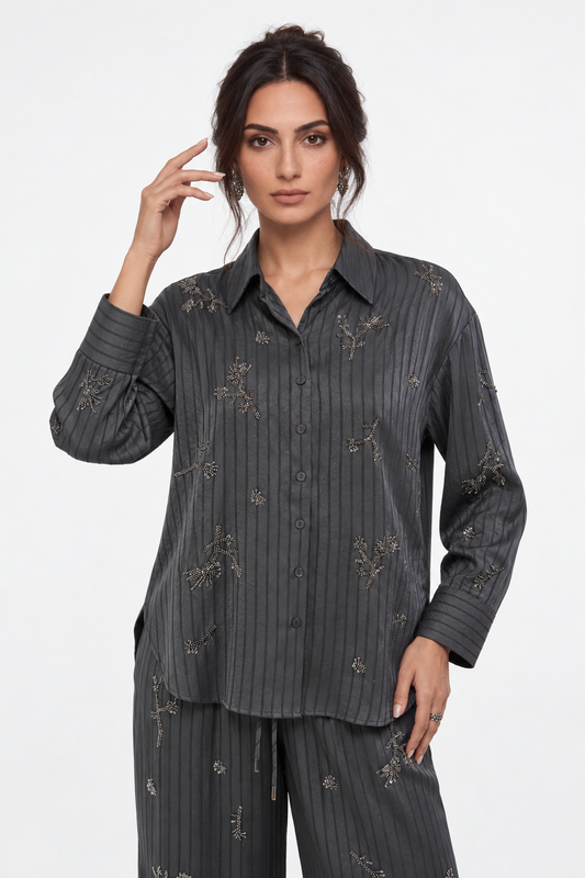 Hand-Embellished Metallic Bead High-Low Shirt