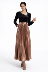 Two-Fabric Maxi Dress with Velvet Bodice and Pleated Skirt