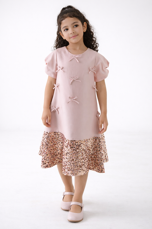 Girls Bow Detail Dress with Sequin Hem