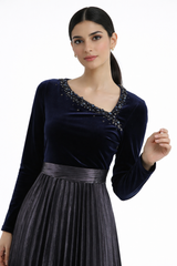 Two-Fabric Maxi Dress with Velvet Bodice and Pleated Skirt