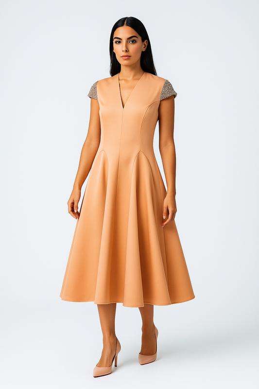Midi Dress with Embellished Cap Sleeves and Flared Skirt