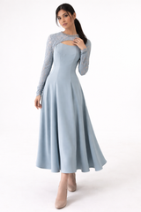 Embellished Lace-Sleeve Maxi Dress