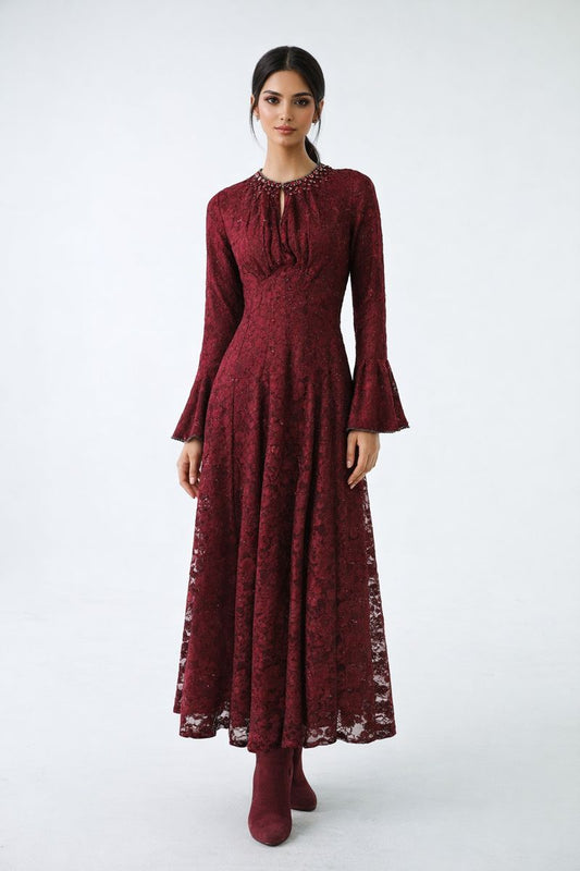 Embellished Lace Maxi Dress with Bell Cuffs