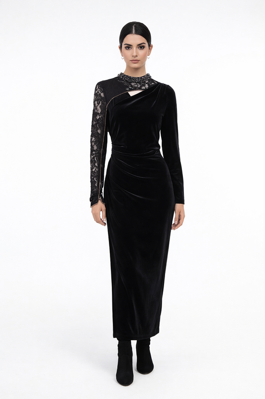 Velvet Maxi Dress with Lace Sleeve and Embellished Details