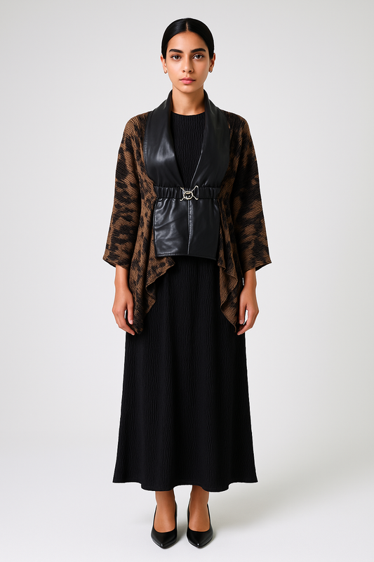 Printed Kimono Jacket with Faux Leather Lapel