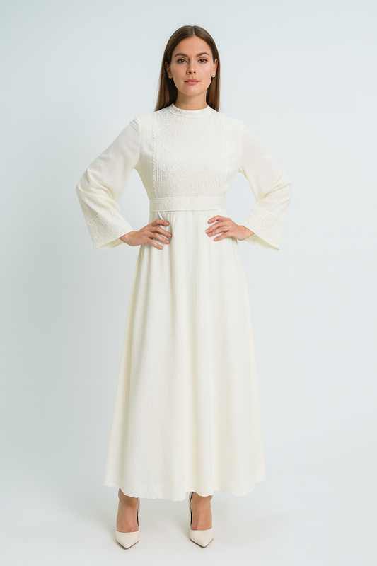 Maxi Dress with Intricate Lace Bodice, Cuff & Hem Detailing