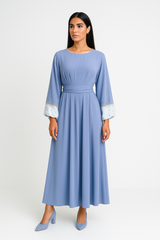 Elegant Maxi Dress with Crystal-Embellished Cuff Sleeves