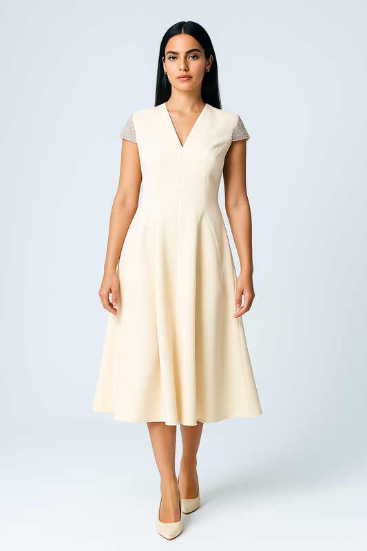 Midi Dress with Embellished Cap Sleeves and Flared Skirt