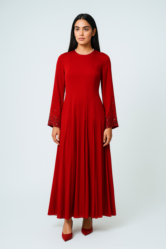Elegant Maxi Dress with Crystal-Embellished Sleeves