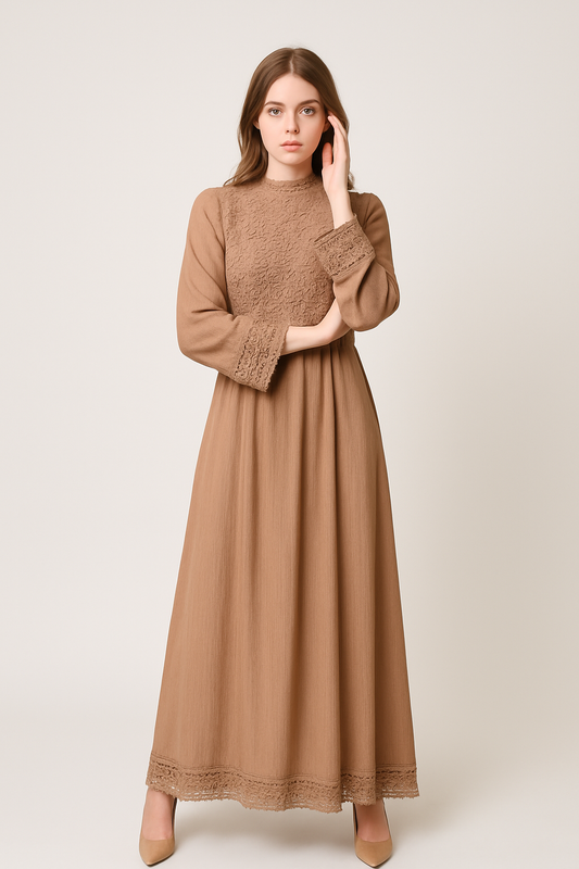 Maxi Dress with Intricate Lace Bodice, Cuff & Hem Detailing