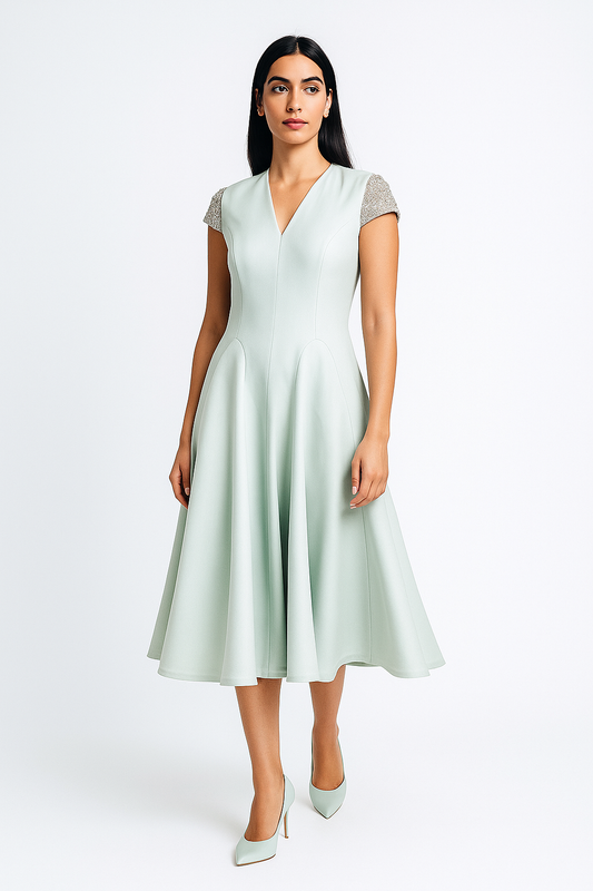 Midi Dress with Embellished Cap Sleeves and Flared Skirt