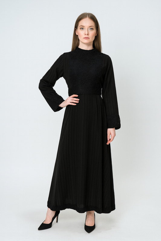 Maxi Dress with Intricate Lace Bodice, Cuff & Hem Detailing