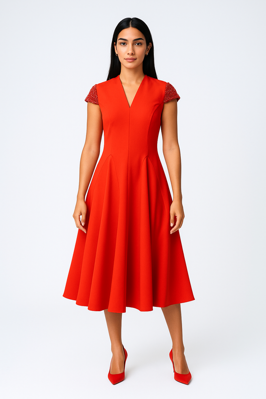 فستان ميدي بأكمام قصيرة مطرزة وتنورة واسعة