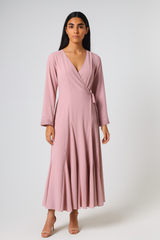 Elegant Wrap-Style Midi Dress with Bead-Embellished Sleeves
