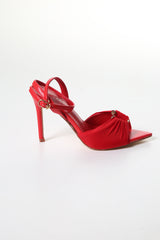 Ruched Satin Heels with Metal Ring – Elegant Open-Toe Sandals