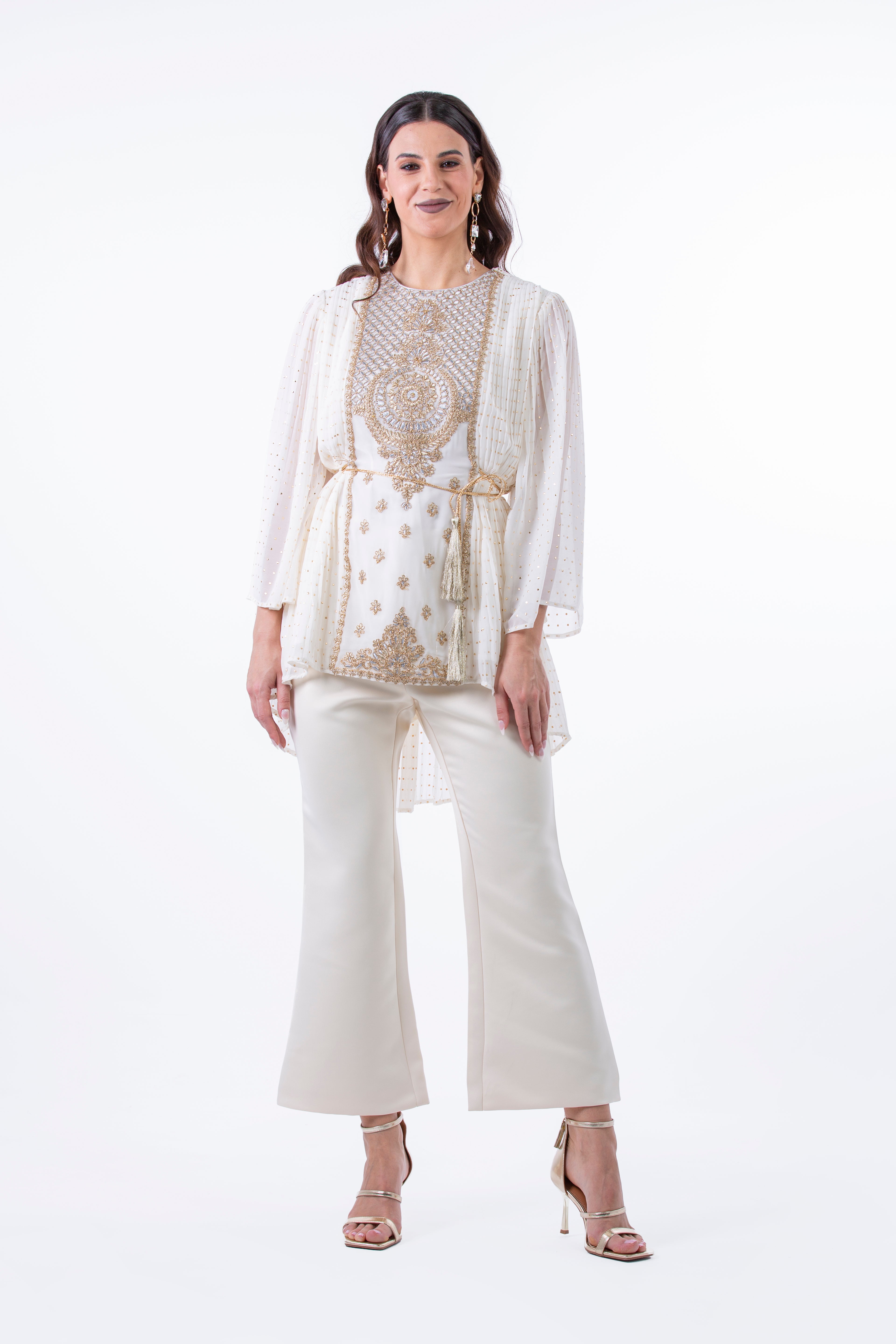 Festive Pleated Blouse with Embellished Front Panel - Montania Shop