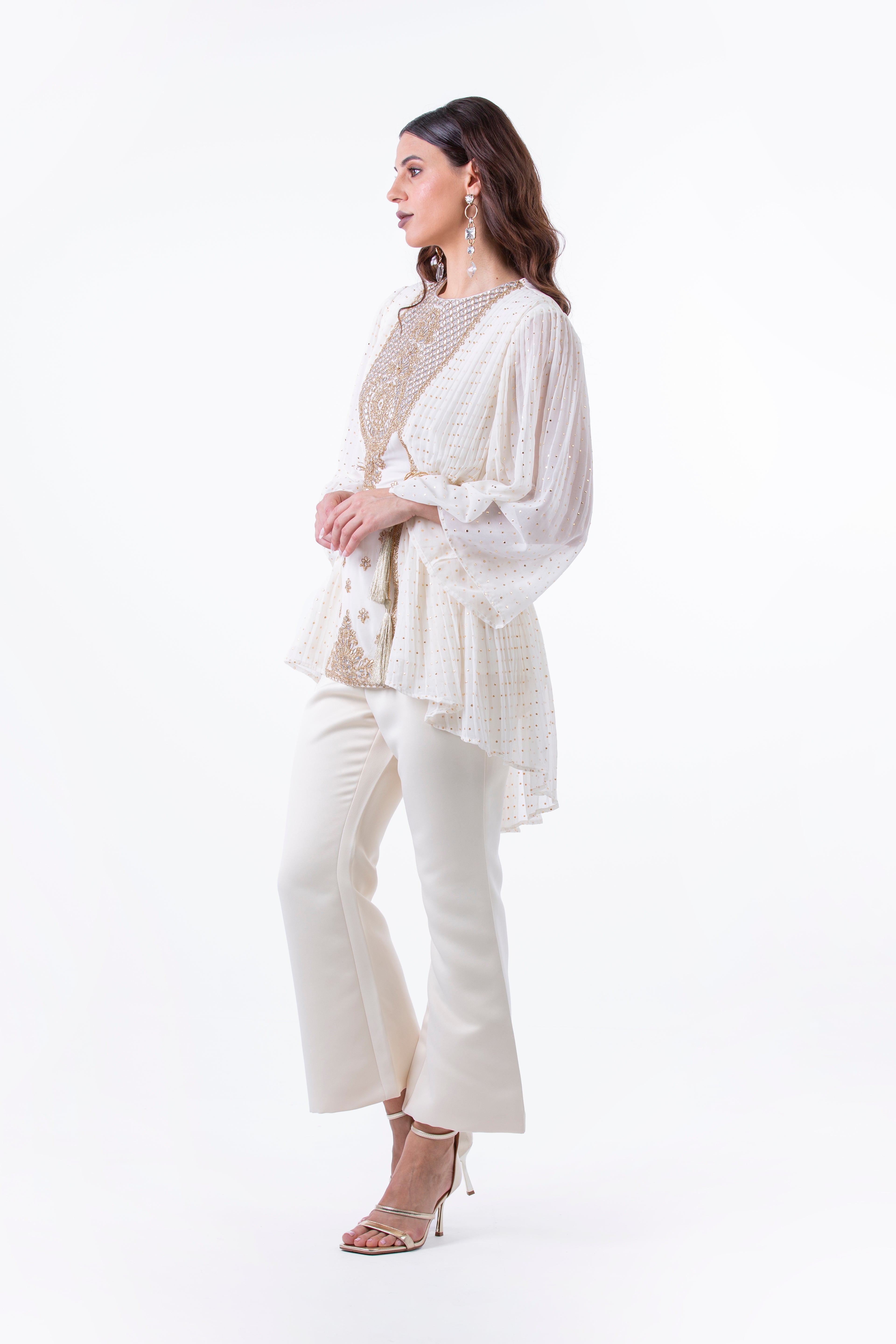 Festive Pleated Blouse with Embellished Front Panel - Montania Shop