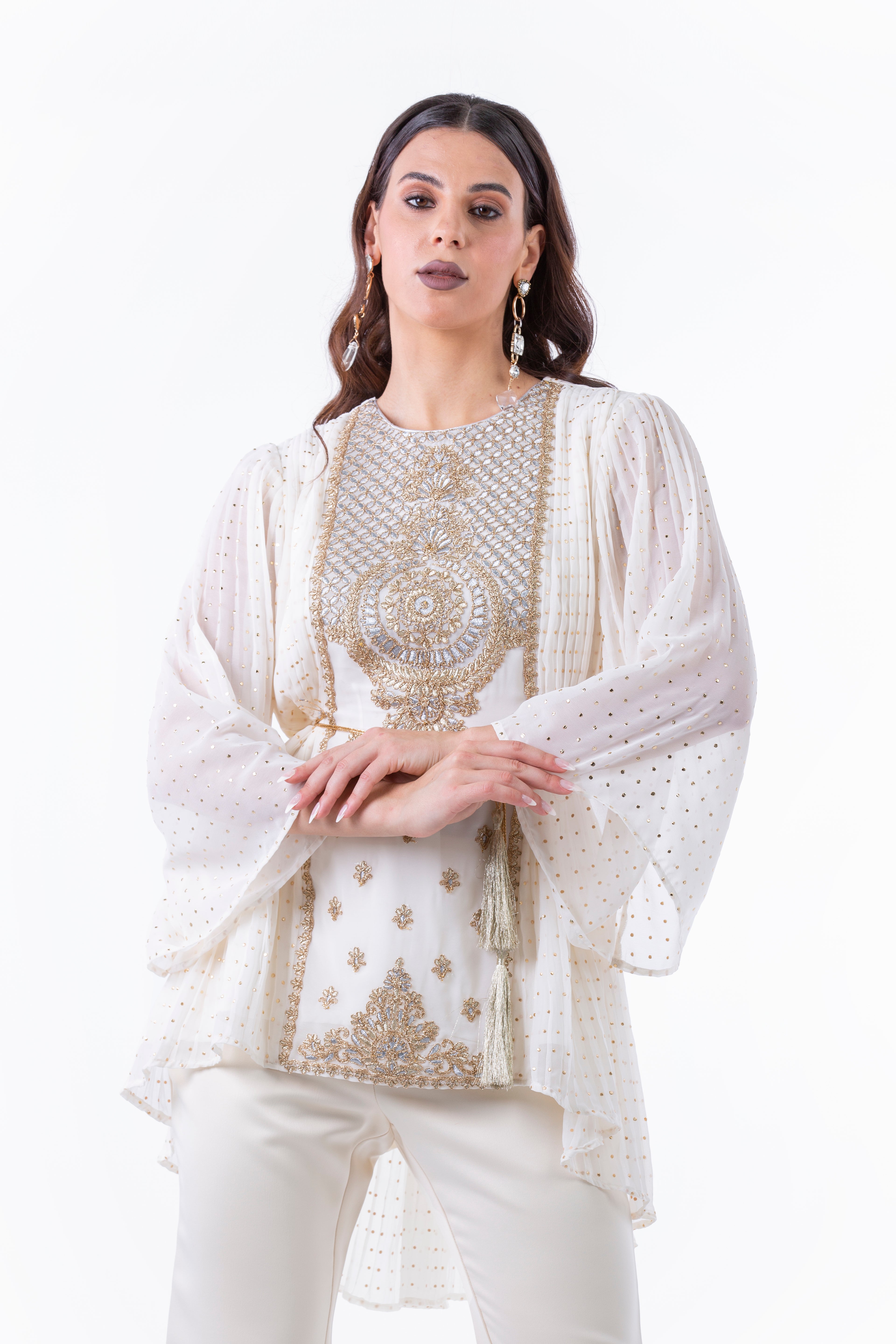 Festive Pleated Blouse with Embellished Front Panel - Montania Shop