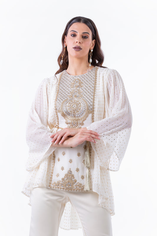 Festive Pleated Blouse with Embellished Front Panel - Montania Shop