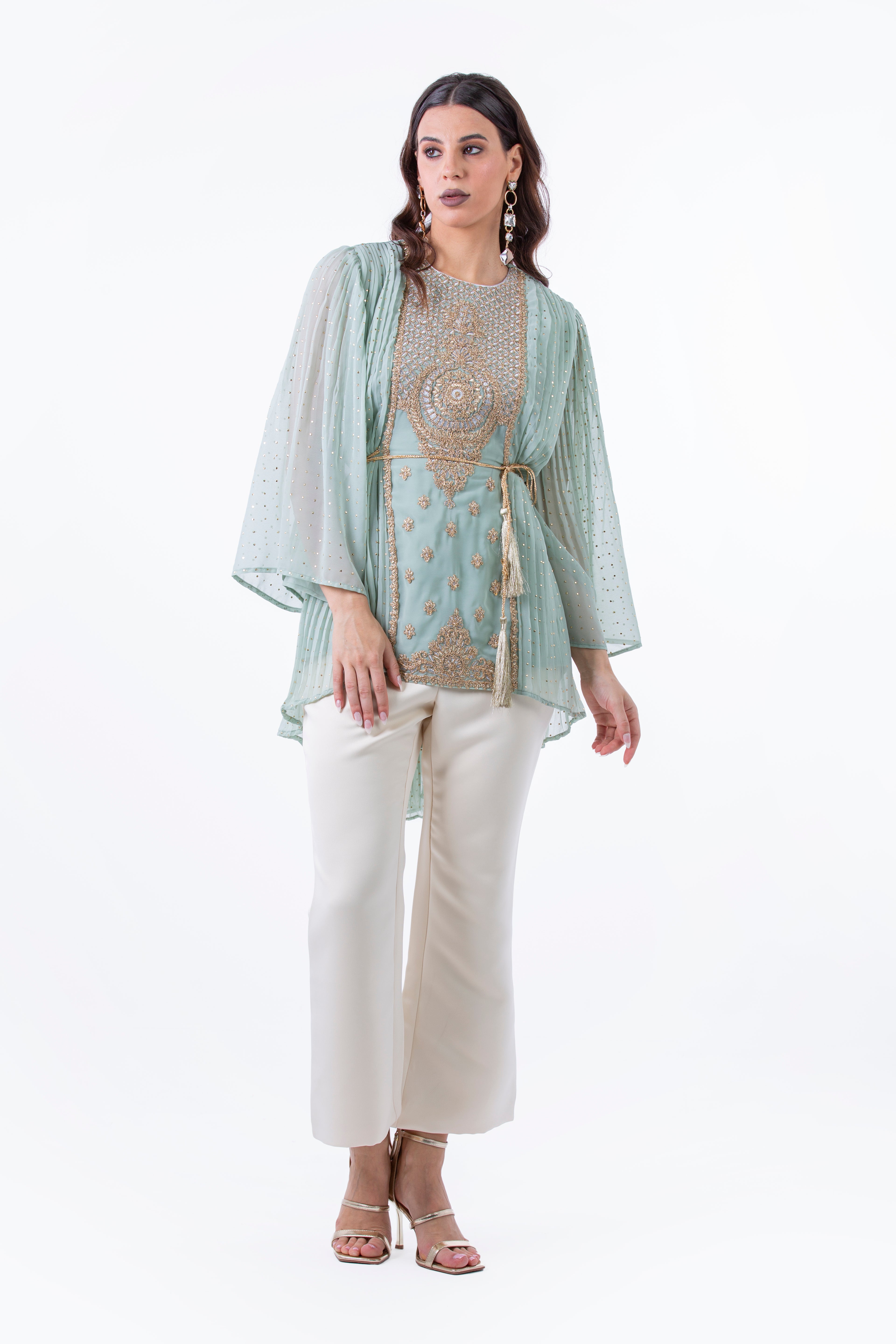 Festive Pleated Blouse with Embellished Front Panel - Montania Shop