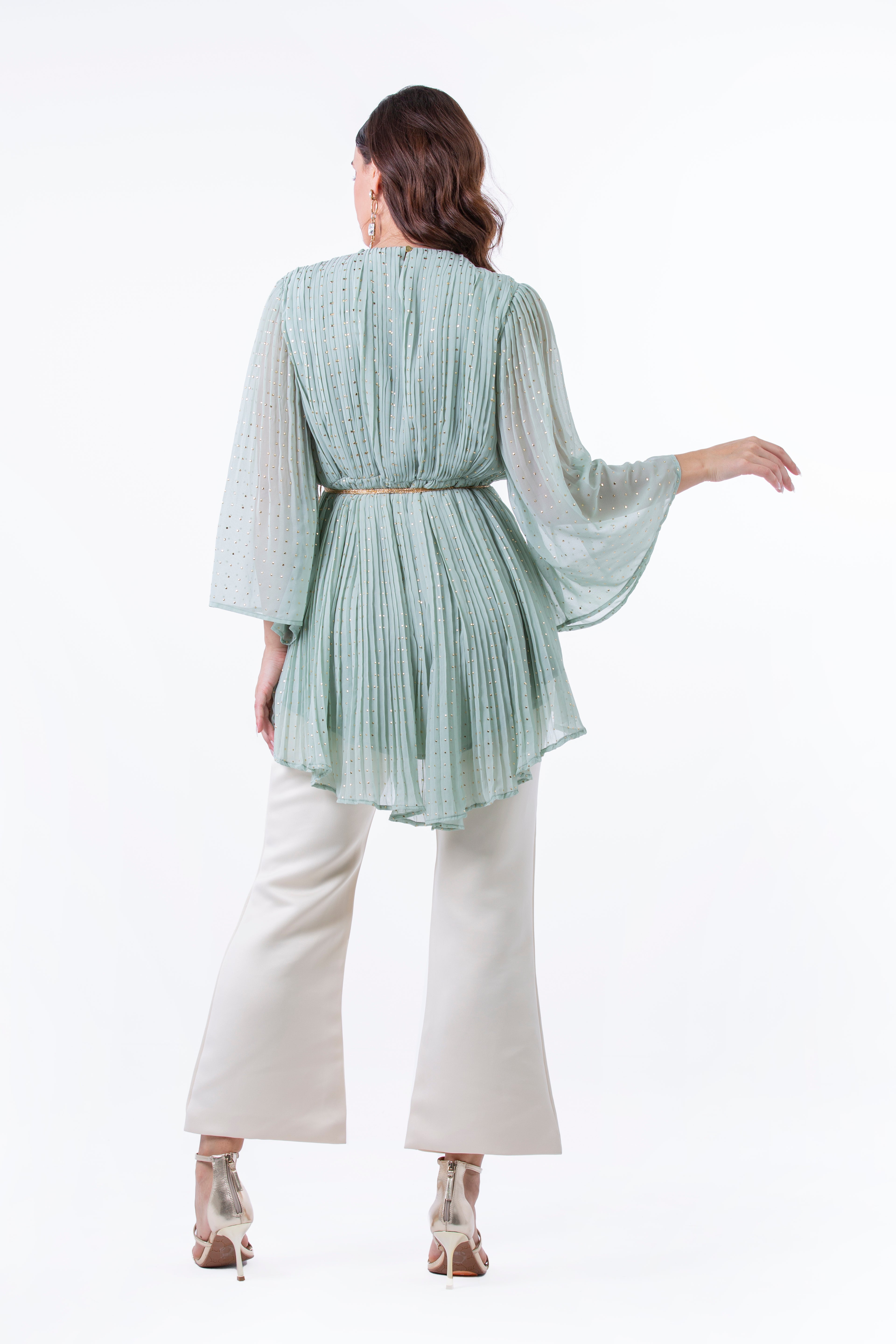 Festive Pleated Blouse with Embellished Front Panel - Montania Shop