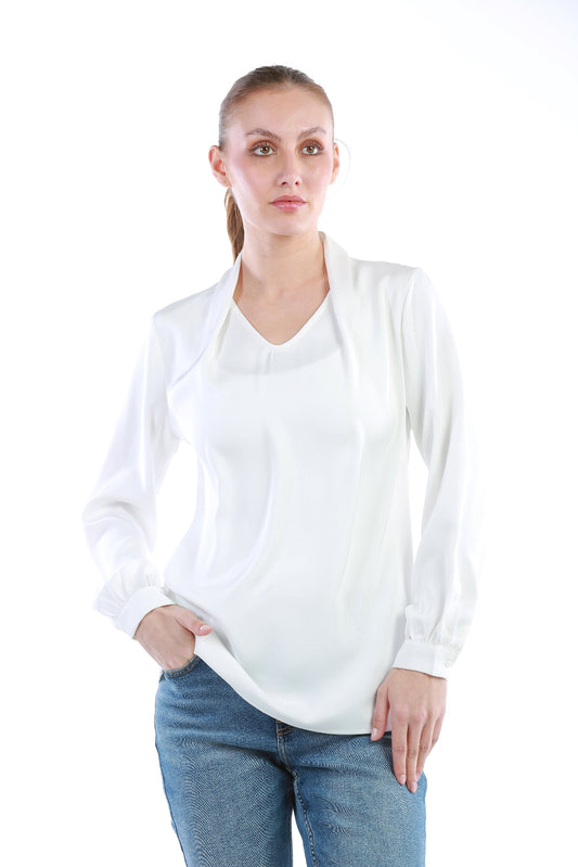 بلوزة بياقة على شكل V وأكمام ناعمة مجمّعة