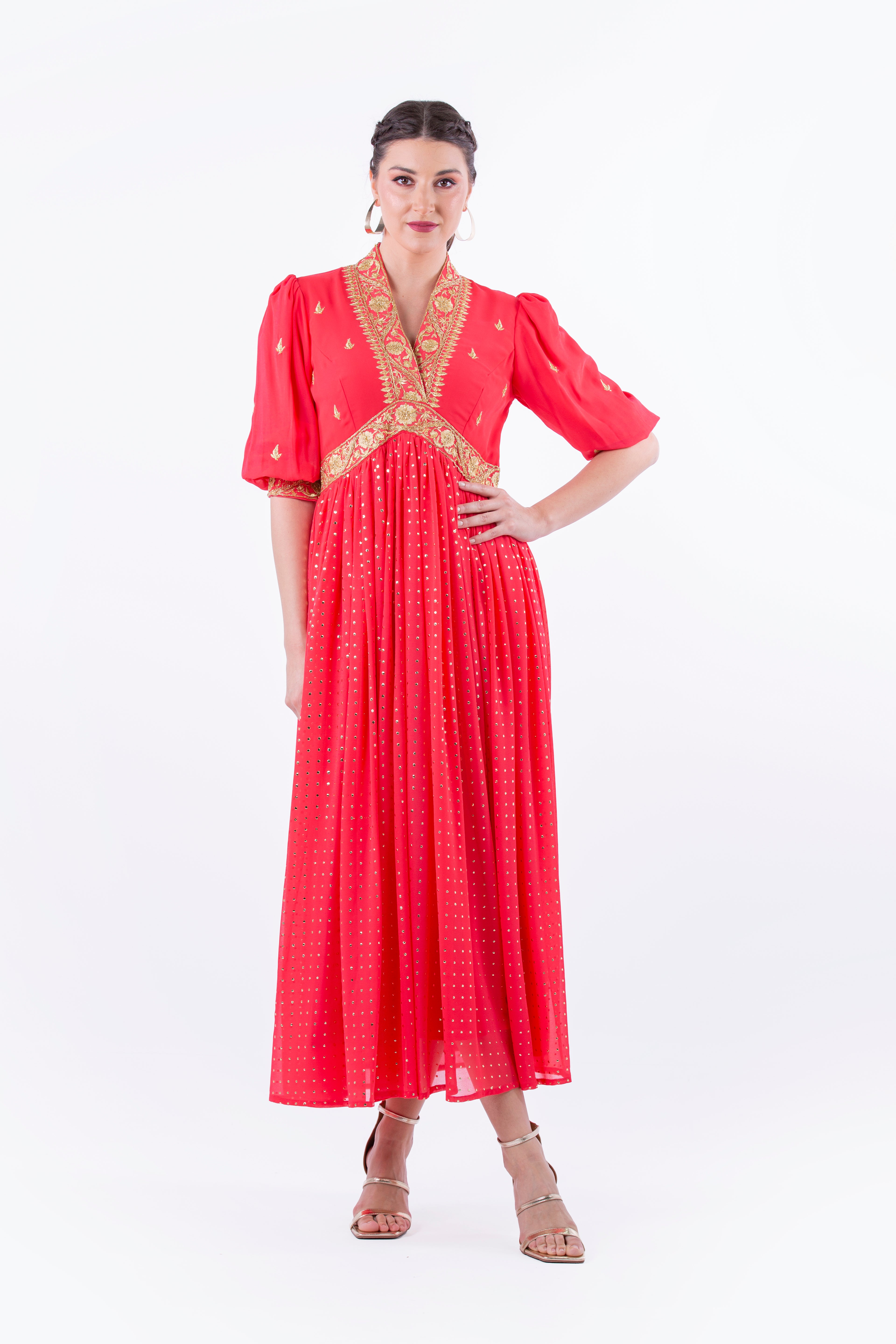 Regal Embroidered Maxi Dress with Metallic Accents - Montania Shop