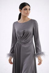 Pleated Waist Maxi Dress with Feather-Trimmed Cuffs