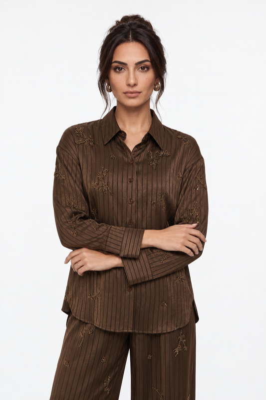 Hand-Embellished Metallic Bead High-Low Shirt