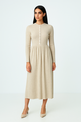 Long-Sleeve Button Detail Midi Dress