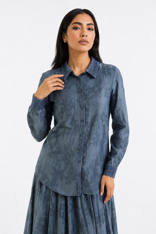 Embellished Collar Floral Textured Shirt