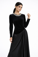 Two-Fabric Maxi Dress with Velvet Bodice, Pleated Waist Detail and Embellished Neckline