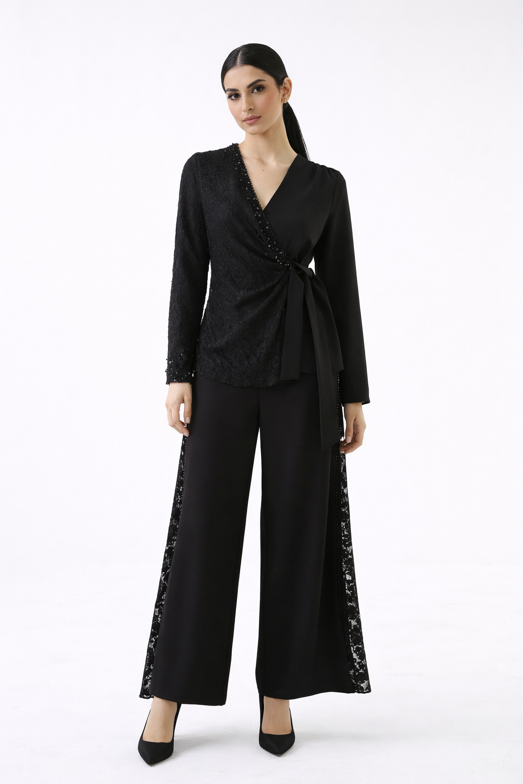 The Elara Lace-Panel Wide-Leg Pants - Montania Shop