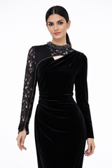 Velvet Maxi Dress with Lace Sleeve and Embellished Details