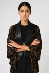كيمونو مطبوع بياقة جلد صناعي