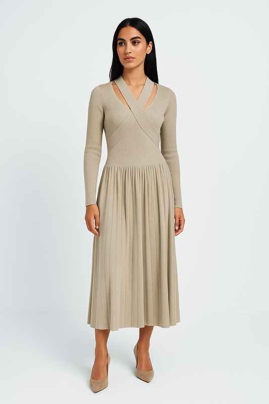 Women’s V-Neck Pleated Cashmere Dress