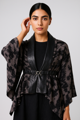 Printed Kimono Jacket with Faux Leather Lapel