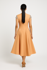 Midi Dress with Embellished Cap Sleeves and Flared Skirt