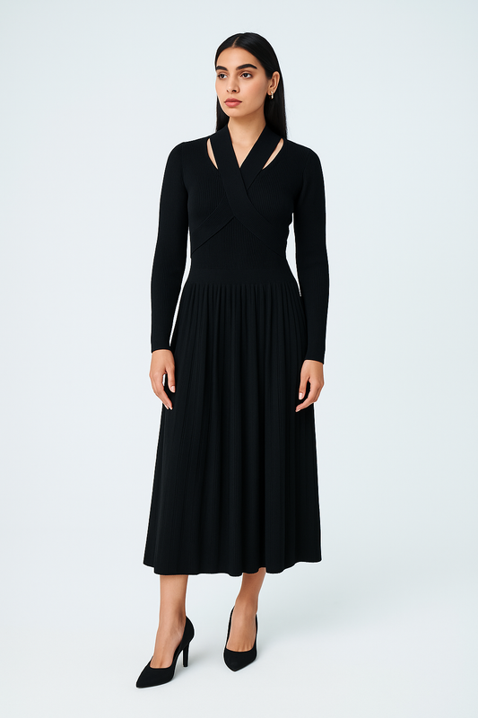 Women’s V-Neck Pleated Cashmere Dress