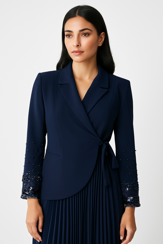 Pleated Maxi Dress with Embellished Blazer-Style Jacket