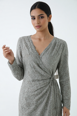 Elegant Lace Wrap Midi Dress with Asymmetrical Hem