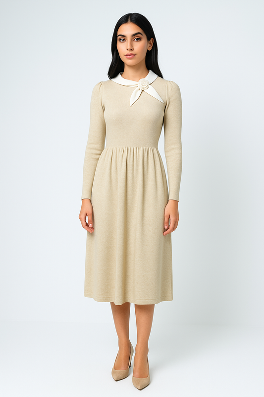 Elegant Contrast-Collar Midi Dress