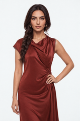 Asymmetric Draped Cowl Neck Maxi Dress