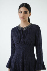 Embellished Lace Maxi Dress with Bell Cuffs