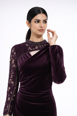 Velvet Maxi Dress with Lace Sleeve and Embellished Details