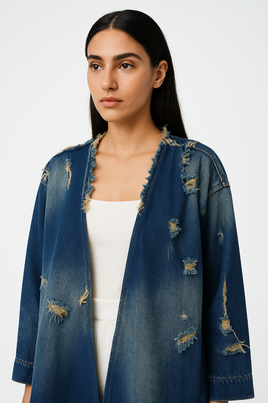 Distressed Denim Longline Coat with Raw-Edge Detailing
