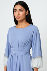 Elegant Maxi Dress with Crystal-Embellished Cuff Sleeves