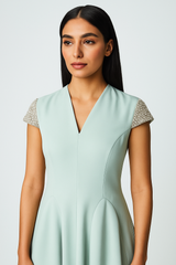 Midi Dress with Embellished Cap Sleeves and Flared Skirt