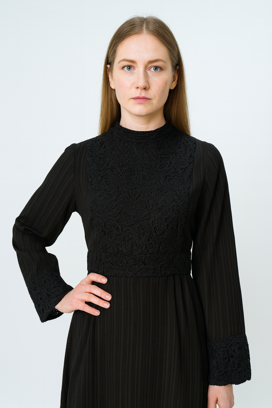 Maxi Dress with Intricate Lace Bodice, Cuff & Hem Detailing